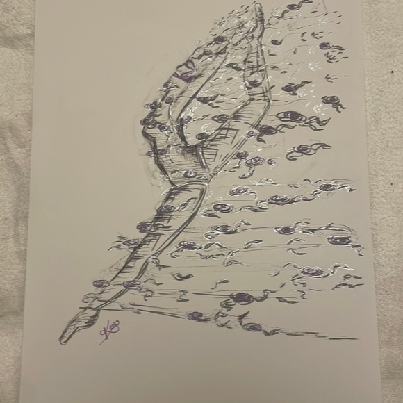 Unframed Original Art Dance Illustration Motion w Flowers Drawing in Ink - Picture 1 of 4